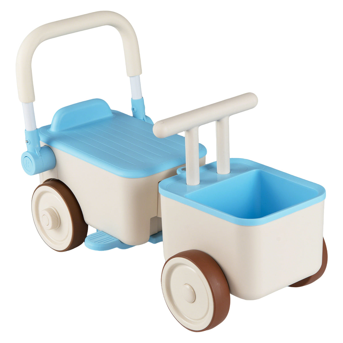 The blue ride on car with storage basket and push handle