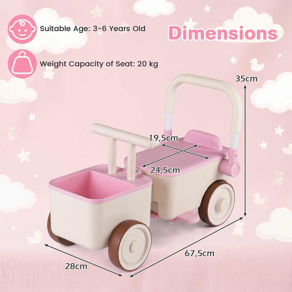Dimensions diagram for the pink push and pedal ride on toy