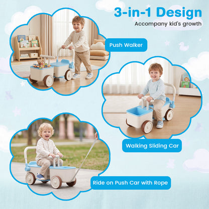 The push and pedal ride on toy shown as a push walker, sliding car and ride on car