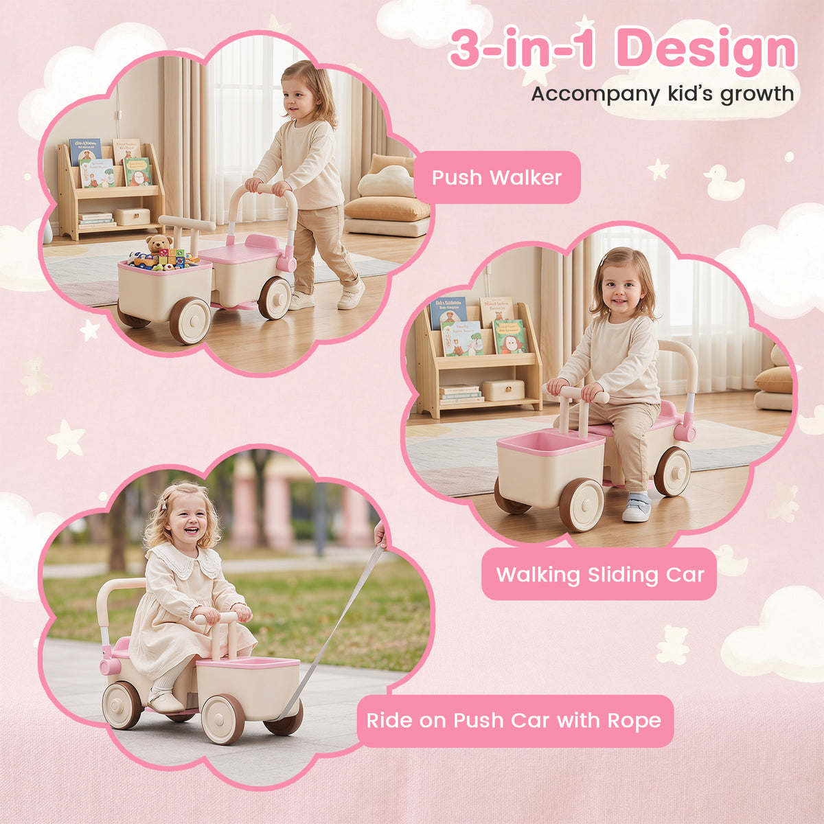 Three ways to use the pink ride on car: push walker, walking car and ride on with rope