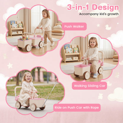 Three ways to use the pink ride on car: push walker, walking car and ride on with rope