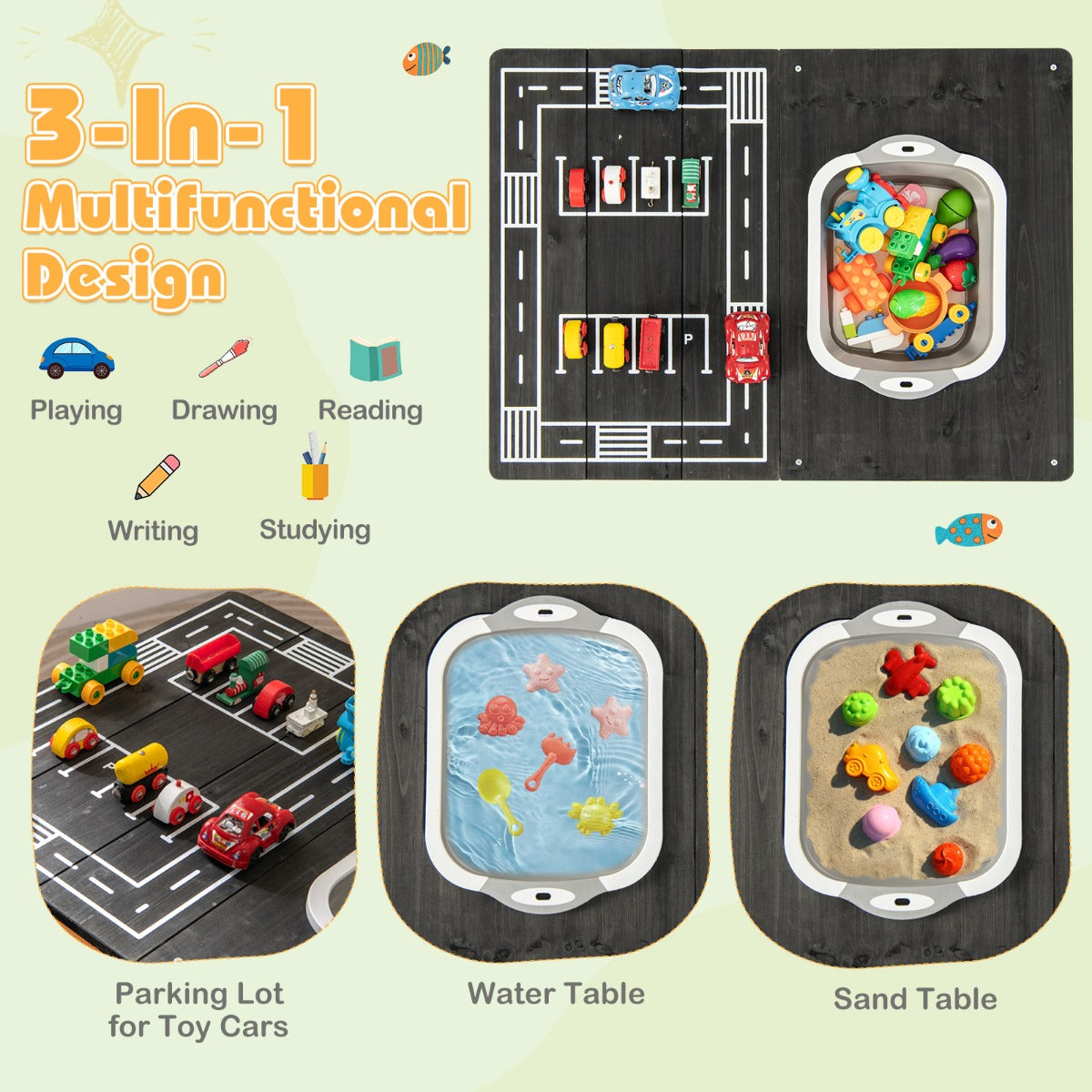 Three activity modes for the kids table: parking lot, water table, and sand table