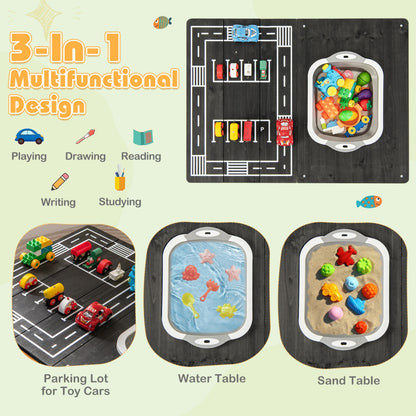Three activity modes for the kids table: parking lot, water table, and sand table