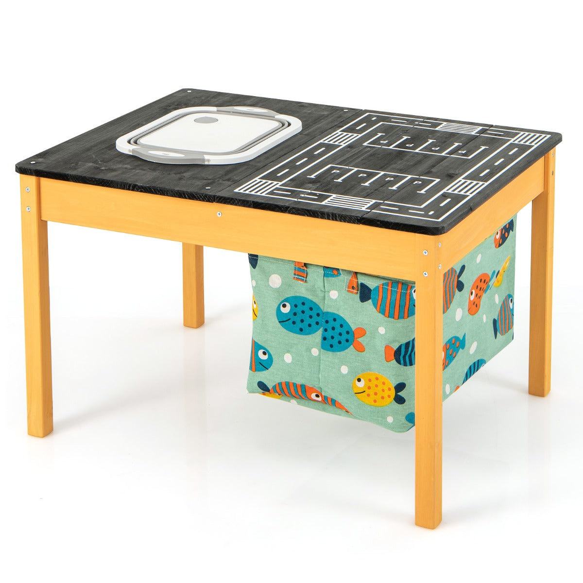 3-in-1 Kids Sand Water Activity Table with foldable storage bin and road design on top