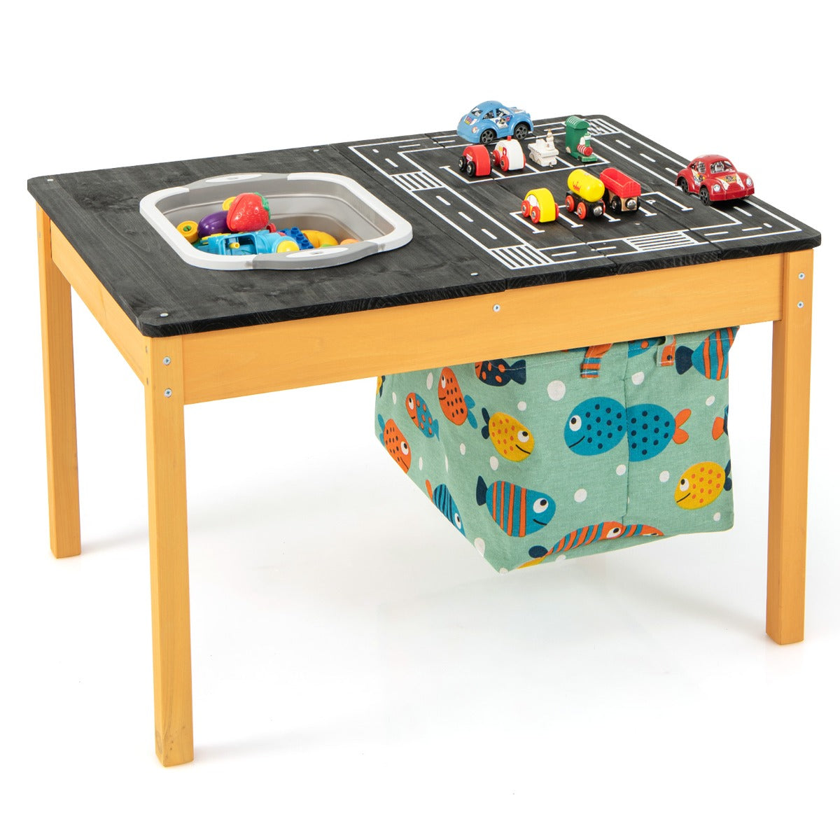 Kids sand water activity table with toys and a water tray on top