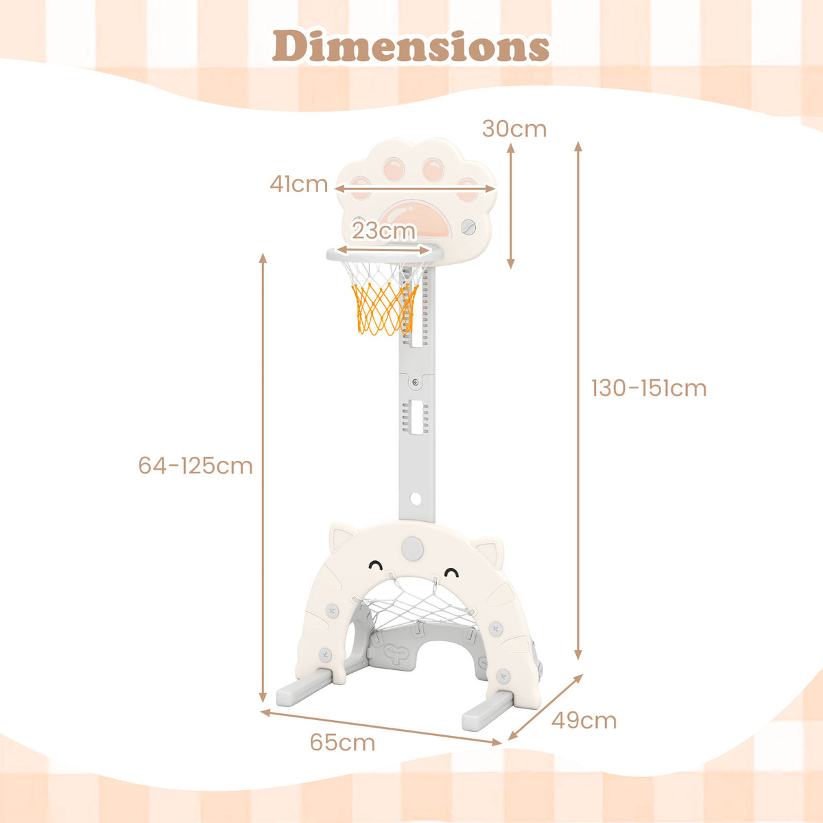 This toy sports center has a height adjustment diagram