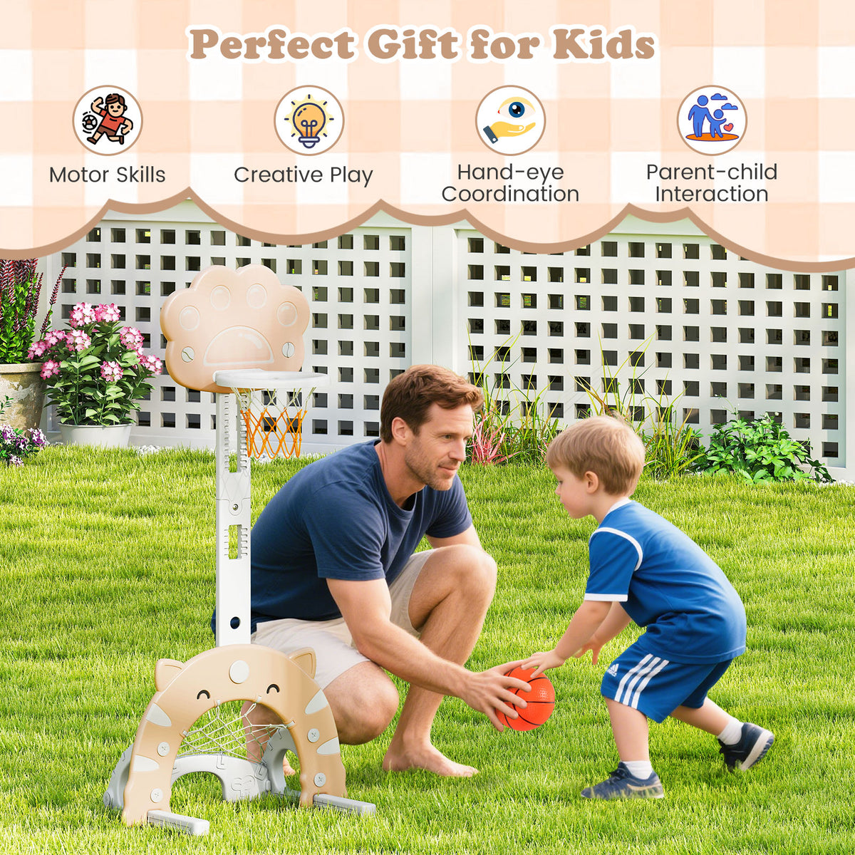A father and child play with the adjustable basketball hoop with soccer goal in the garden