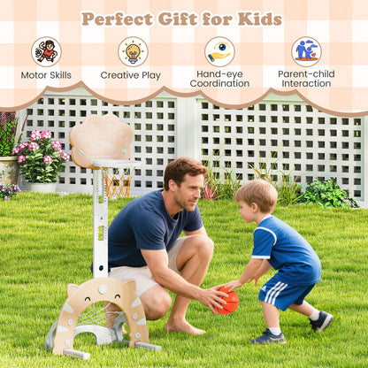 A father and child play with the adjustable basketball hoop with soccer goal in the garden
