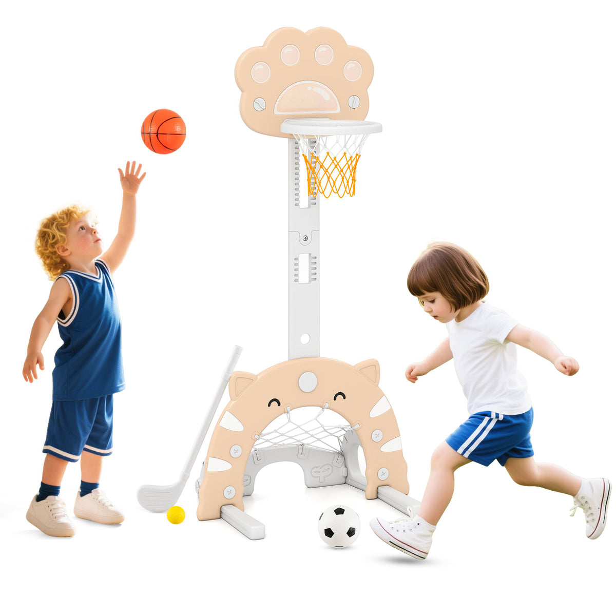 3-in-1 Kids Sports Center Adjustable Basketball Hoop with Soccer Game-Coffee, a beige and brown toy with a basketball hoop