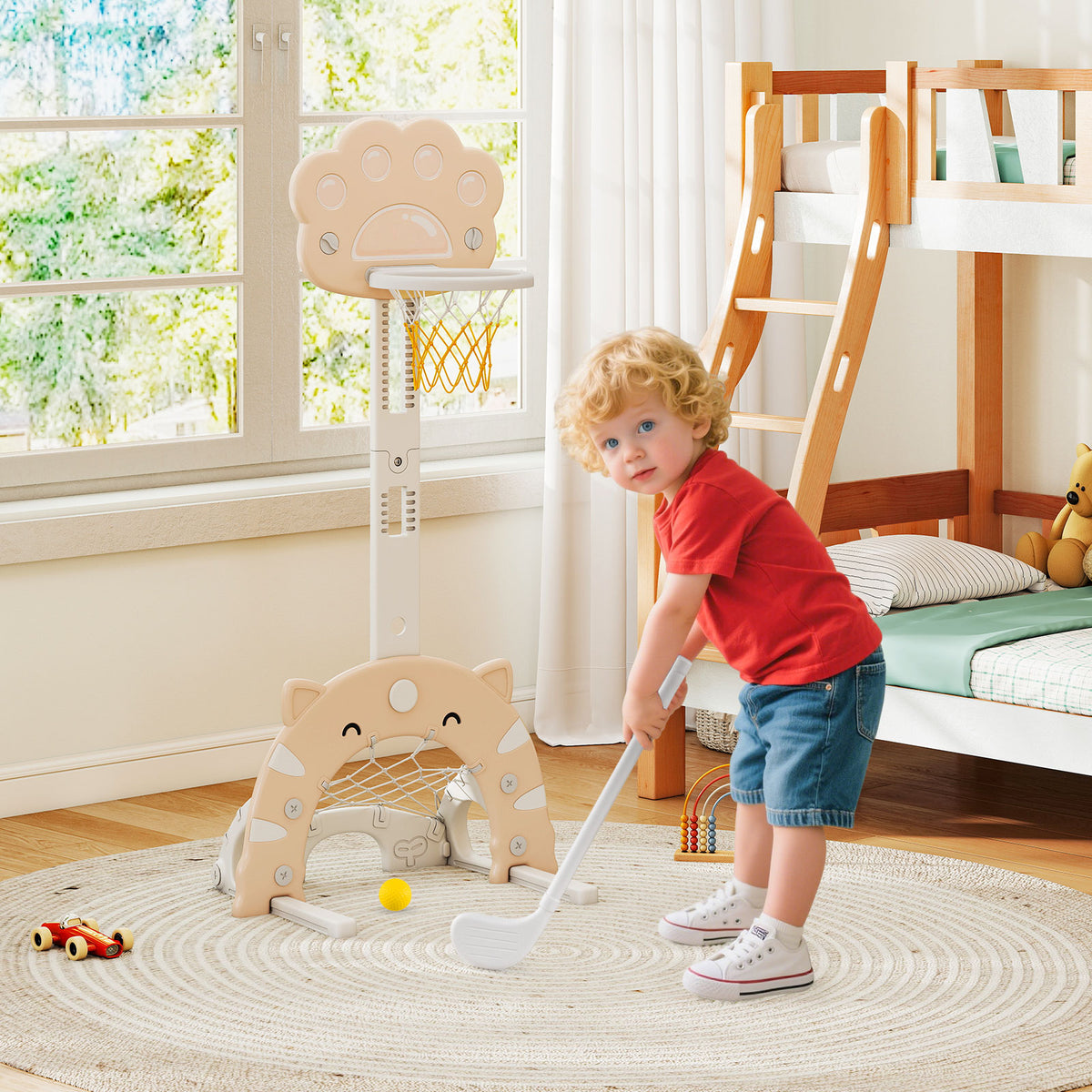 This adjustable basketball hoop with soccer goal is shown in a child's bedroom