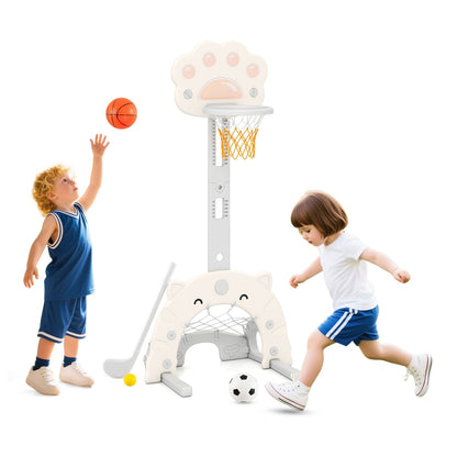3-in-1 Kids Sports Center Adjustable Basketball Hoop with a basketball, a soccer ball and a golf club