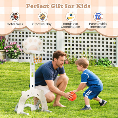 A father and son play with the toy sports center in the garden