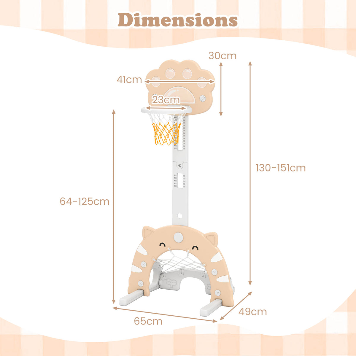 Dimensions diagram for the adjustable basketball hoop with soccer goal