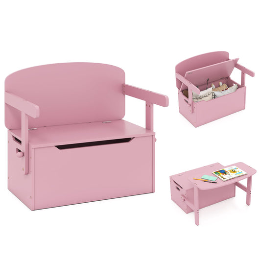 3-in-1 Kids Table and Chair Set with Toy Storage Box in pink, shown as a bench with storage