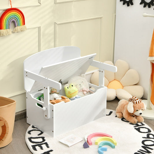 The white kids table and chair set with its lid open showing toys inside