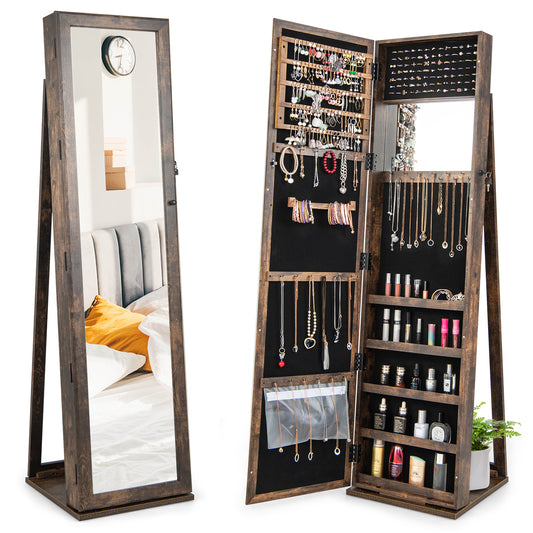 3-in-1 Mirrored Jewelry Armoire with Display Shelves standing tall with its mirrored door closed