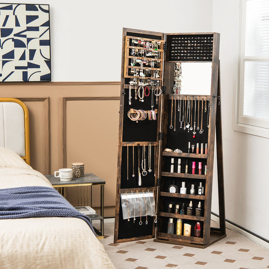 The open jewellery cabinet showing its extensive storage and mirrored interior