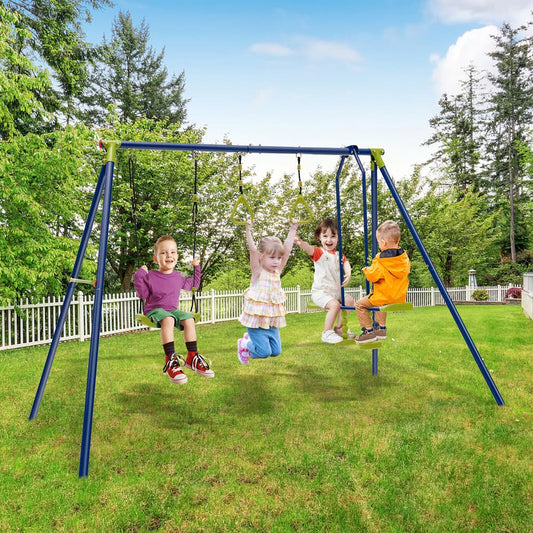 Four children enjoying the garden swing set on a sunny day
