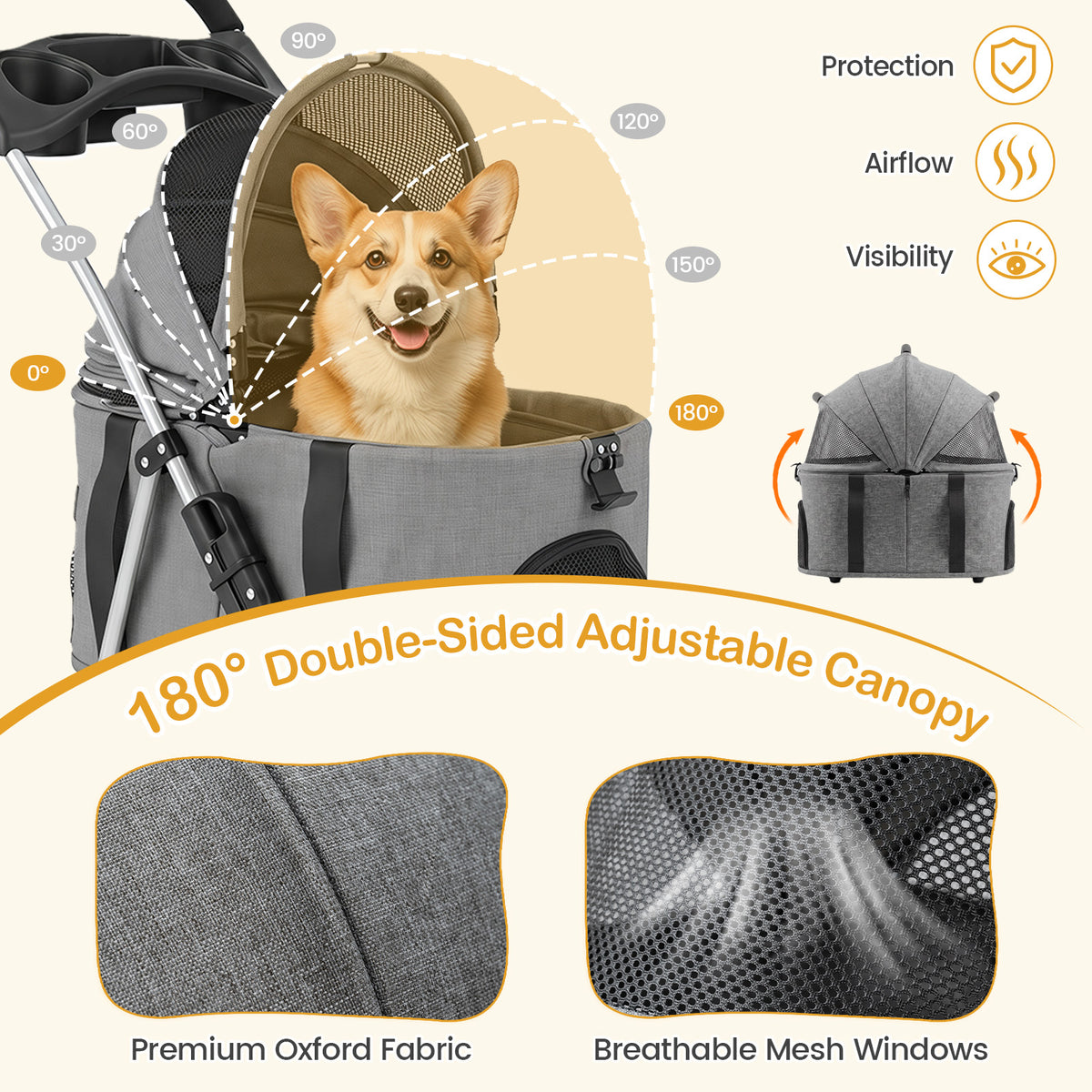 Close up of the grey dog stroller canopy, showing adjustable angles and breathable mesh windows