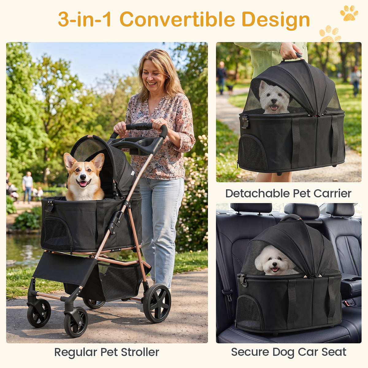 Convertible design of the pet stroller showing it as a regular stroller and a car seat