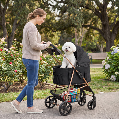 A woman walks a small white dog in a pet stroller through a park