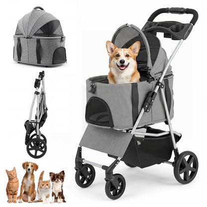 3-in-1 Pet Stroller for small medium dogs with detachable carrier cup holder and storage basket in grey