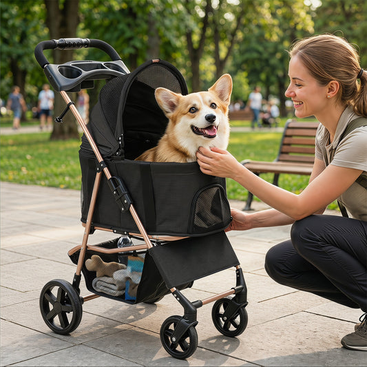 A woman pushing a dog stroller with a corgi in it in a park