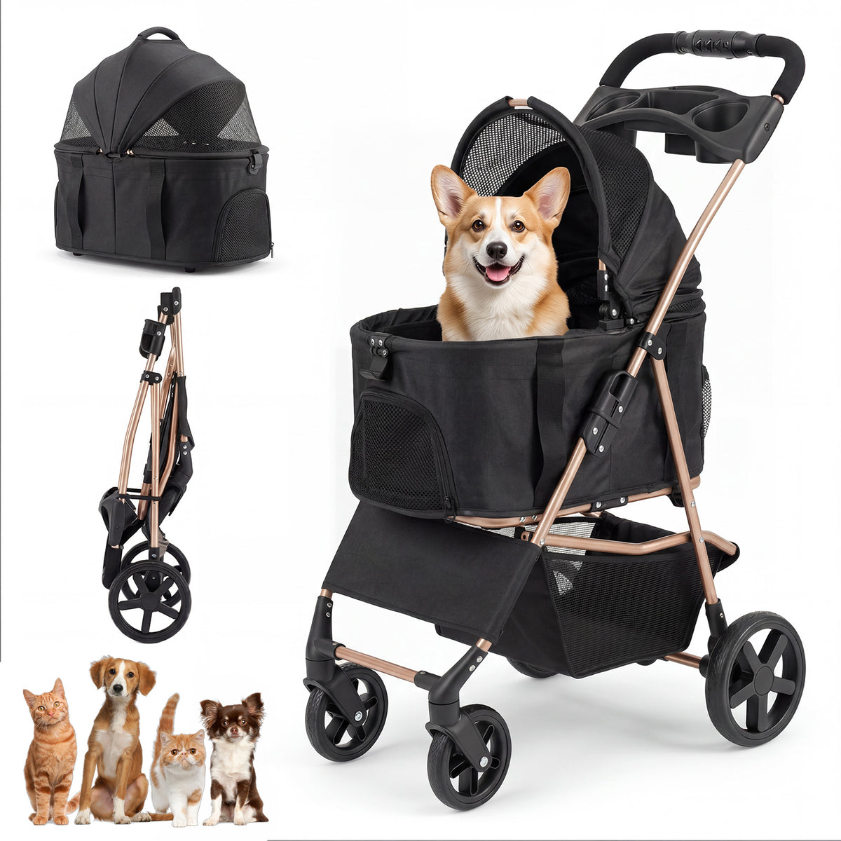 3-in-1 Pet Stroller with a dog inside and a smaller carrier and three cats shown separately