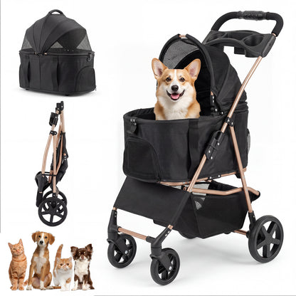 3-in-1 Pet Stroller with a dog inside and a smaller carrier and three cats shown separately