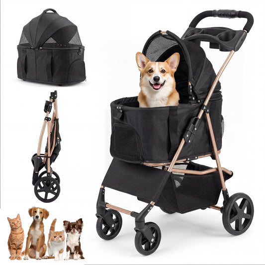 3-in-1 Pet Stroller with a dog inside and a smaller carrier and three cats shown separately