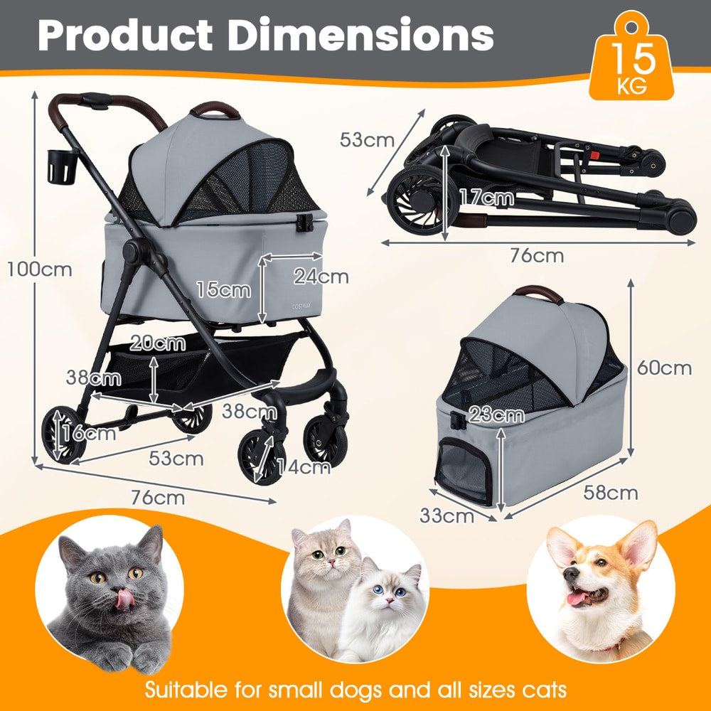 Product dimensions diagram for the grey dog stroller, showing measurements and weight capacity