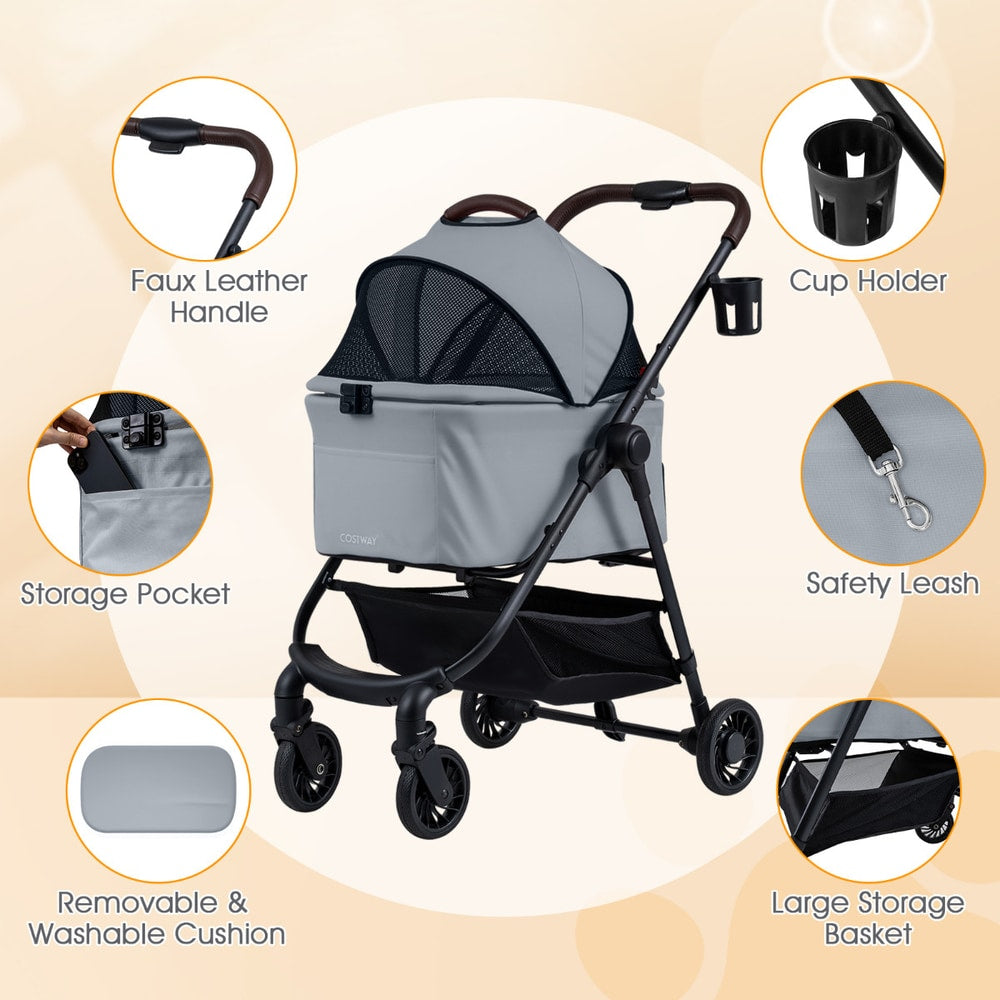 Close-up views of the grey dog stroller's features: handle, storage, cushion, cup holder, leash, and basket