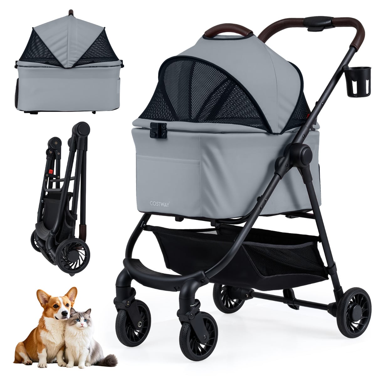 Collage showing a folded grey dog stroller, two cats, and a grey dog stroller with a dog inside