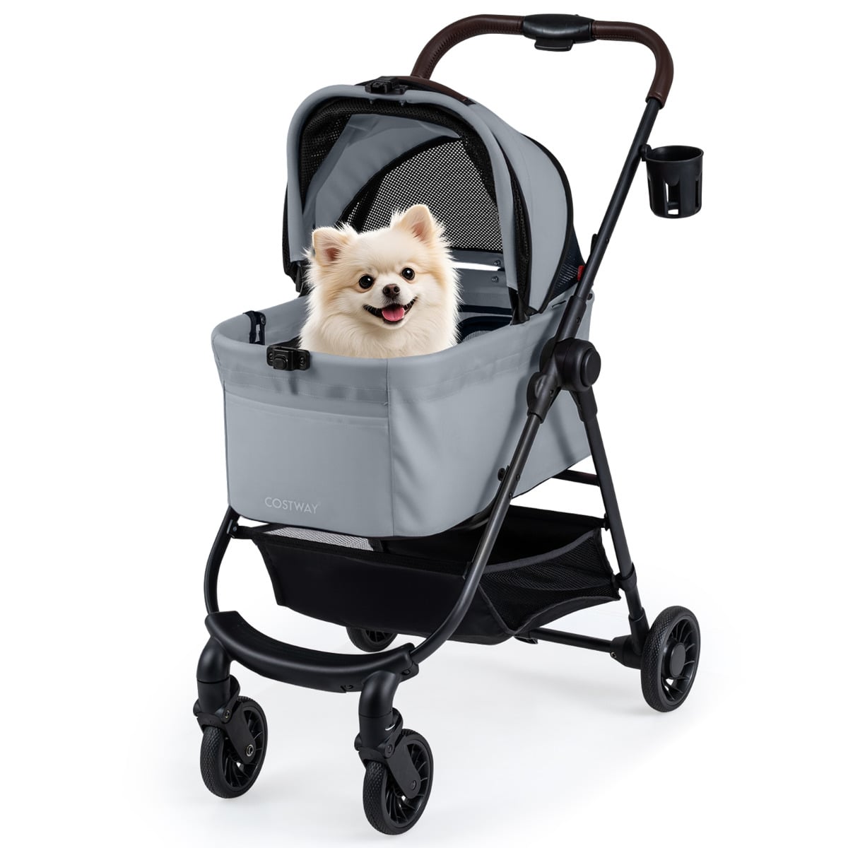 3-in-1 Pet Stroller in grey with a small white dog inside, showing the front and side