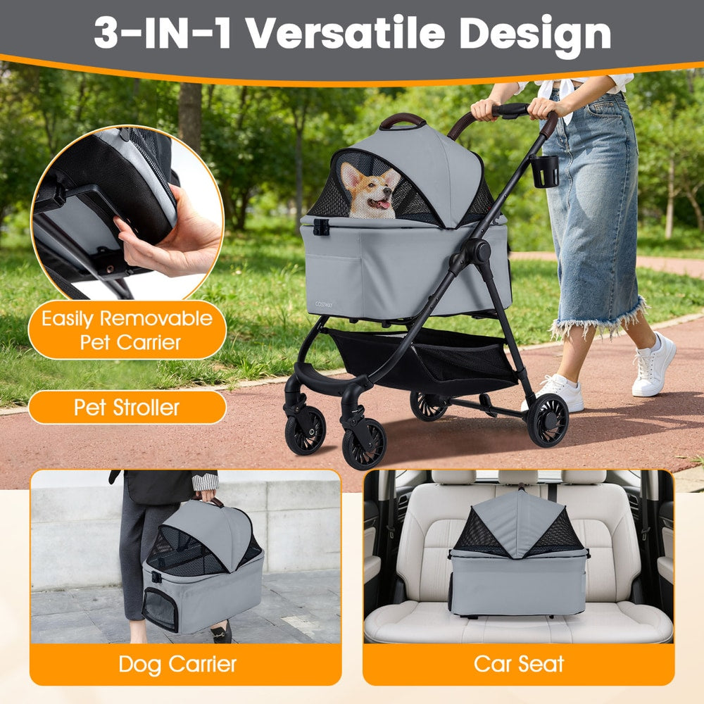 Collage demonstrating the grey dog stroller's 3-in-1 versatility as a pet stroller, dog carrier, and car seat