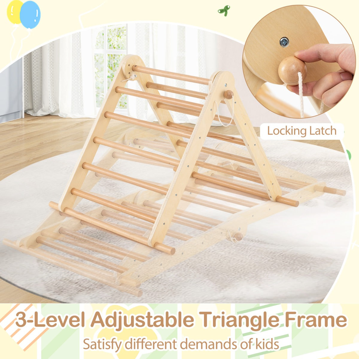 Close-up of the adjustable locking mechanism on the wooden climbing frame