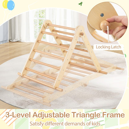 Close-up of the adjustable locking mechanism on the wooden climbing frame