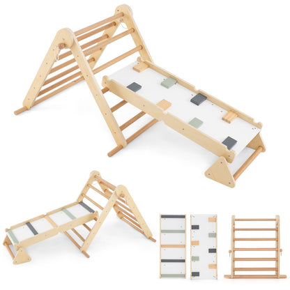 3-in-1 Pikler Triangle Climbing Set with dual-side ramp and adjustable climbing triangle in natural wood finish