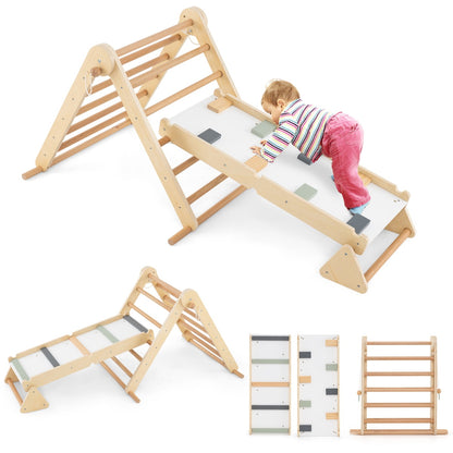 A child climbs the ramp of the wooden climbing frame, with a smaller view of the disassembled parts