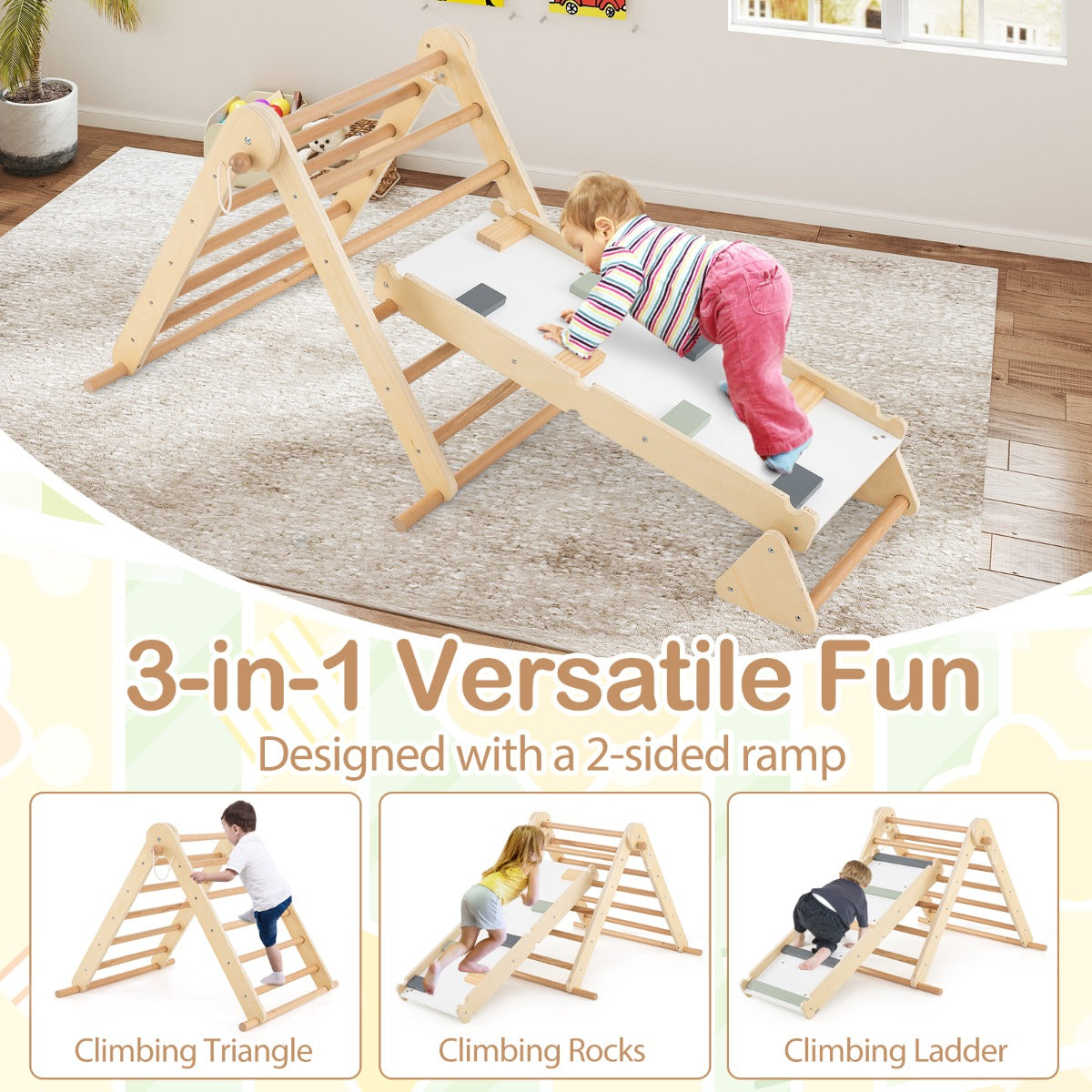 Collage of three children using the wooden climbing frame in different configurations