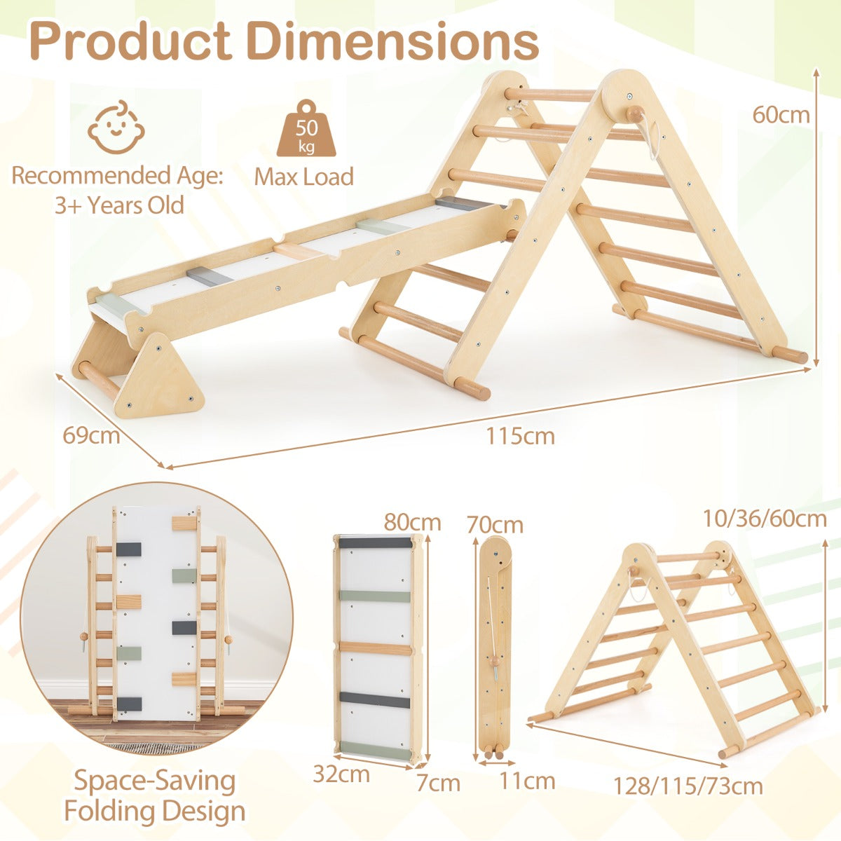 Diagram showing the dimensions of the natural wood climbing frame and its various parts