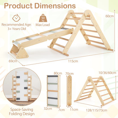 Diagram showing the dimensions of the natural wood climbing frame and its various parts