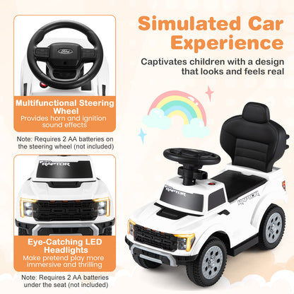 Close-ups of the steering wheel and LED headlights of the white push car