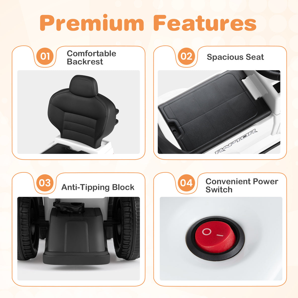 The push car features a comfortable backrest, spacious seat, anti-tipping block and convenient power switch
