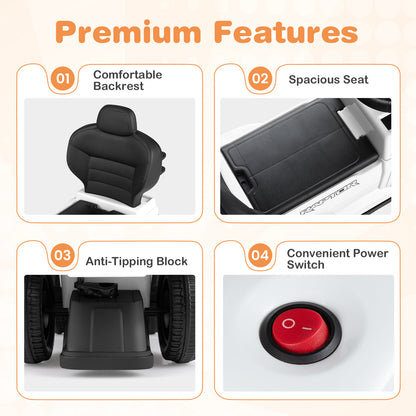 The push car features a comfortable backrest, spacious seat, anti-tipping block and convenient power switch