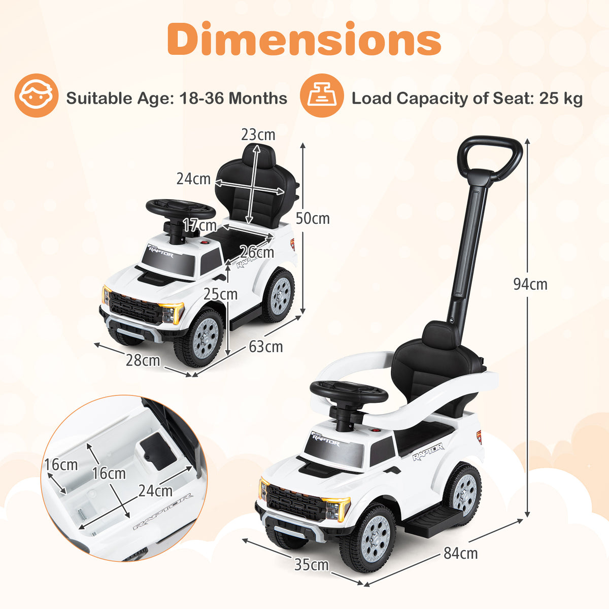Dimensions diagram of the white push car with measurements