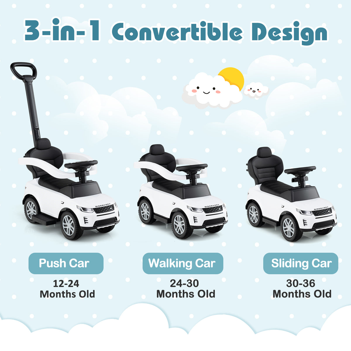 Three modes of the white push and pedal ride on toy: push car, walking car, sliding car