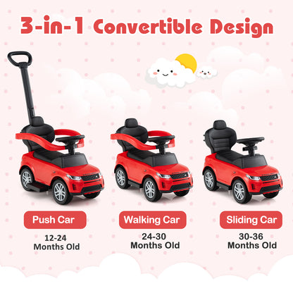 Three modes of the red ride on toy car: push, walking and sliding