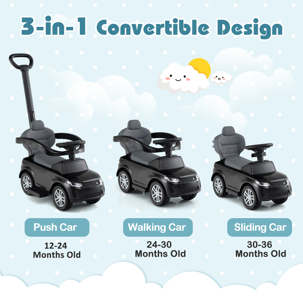Three modes of the black push and pedal ride on toy: push car, walking car, sliding car