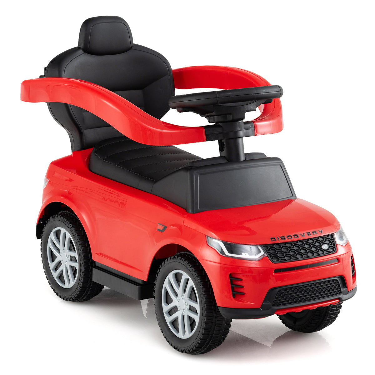 Red ride on toy car with black seat and wheels, front view